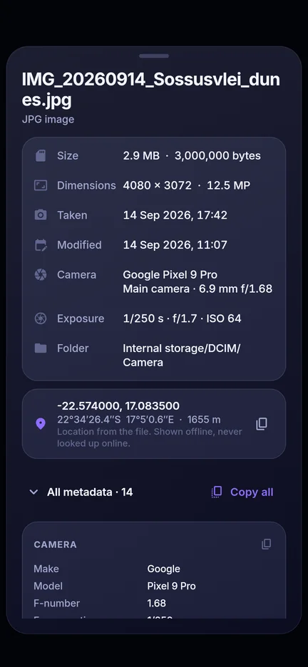 File properties with camera details and location