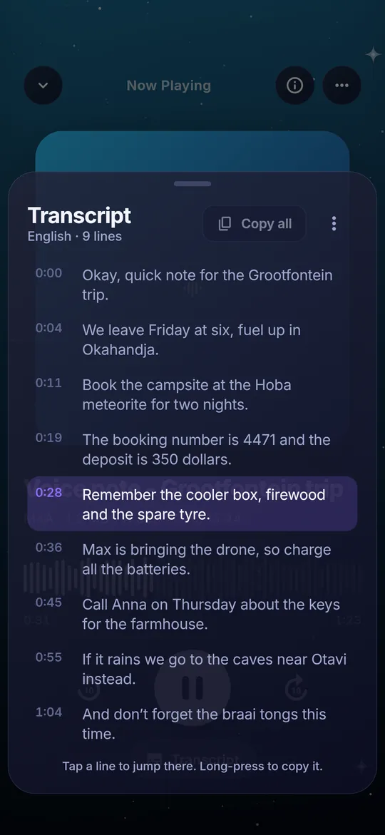 Transcript of a voice note with timestamps